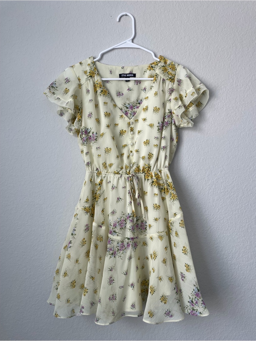 Steve Madden Yellow Floral Flutter-Sleeve A-Line Mini Dress Size XS